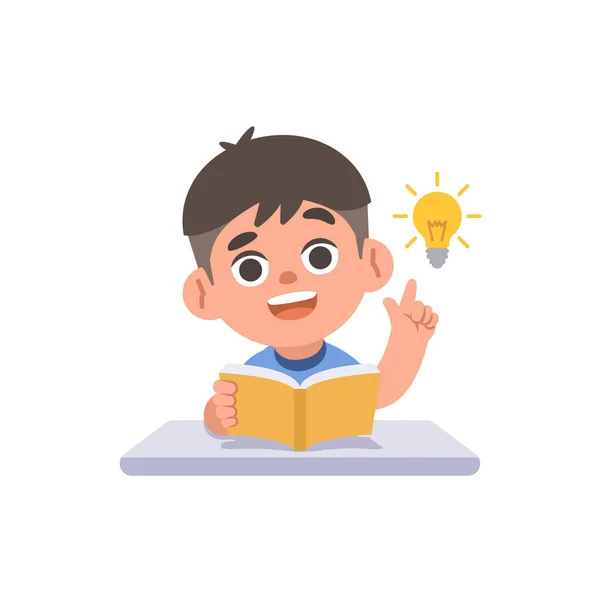 本と電球で机の上にアイデアを得るアジアの少年 白い背景にイラスト漫画のキャラクターベクトルデザイン 子供と教育の概念は — ストックベクタ