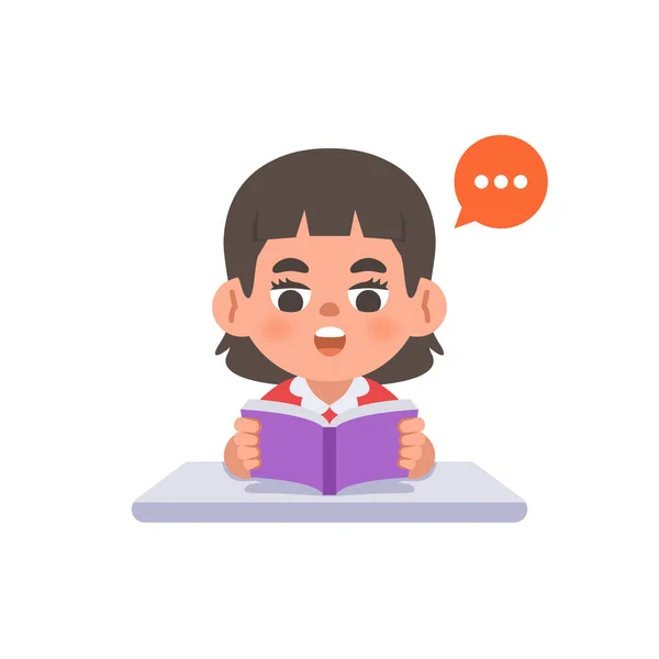机の上で本を読んでいるアジアの女の子の研究 白い背景にイラスト漫画のキャラクターベクトルデザイン 子供と教育の概念は — ストックベクタ