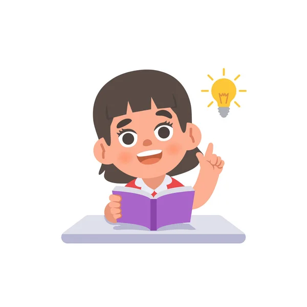 本と電球で机の上にアイデアを得るアジアの女の子 白い背景にイラスト漫画のキャラクターベクトルデザイン 子供と教育の概念は — ストックベクタ