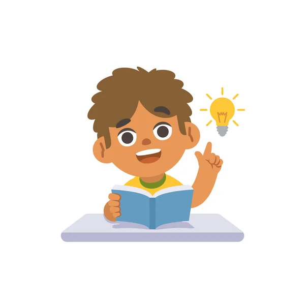 Black Boy Get Idea Desk Book Bulb Illustration Cartoon Character — Stock Vector