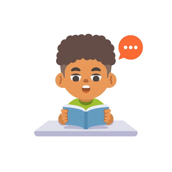 黒の少年V 机の上に本を読んで勉強 白い背景にイラスト漫画のキャラクターベクトルデザイン 子供と教育の概念は — ストックベクタ