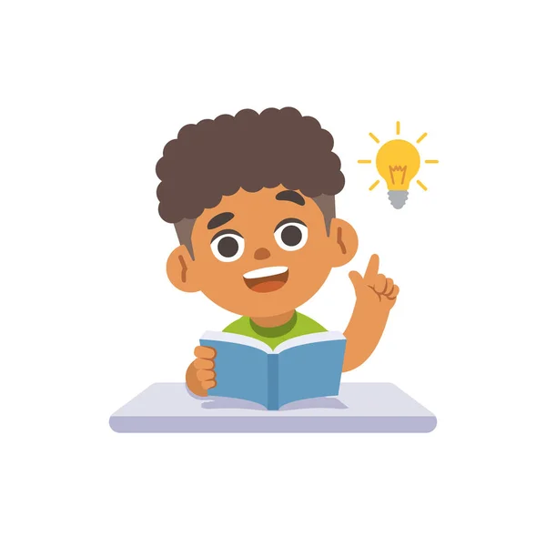 黒い少年V 本と電球 白い背景にイラスト漫画のキャラクターベクトルデザインと机の上にアイデアを取得します 子供と教育の概念は — ストックベクタ