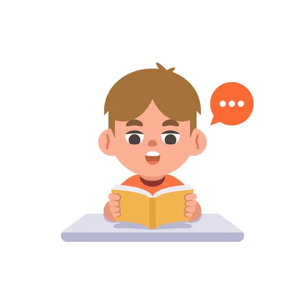White Boy Study Reading Book Desk Illustration Cartoon Character Vector — Stock Vector
