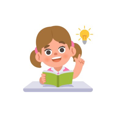 Beyaz bir kız, masa başında bir kitap ve ampulle beyaz arka planda çizgi film karakteri vektör tasarımı hakkında fikir edinir. çocuk ve eğitim kavramı.