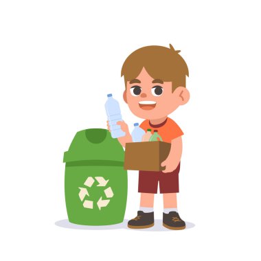 Bir kutu plastik şişeyi çöp kutusuyla tutan beyaz bir çocuk. Beyaz arkaplanda resimli karakter vektör tasarımı.