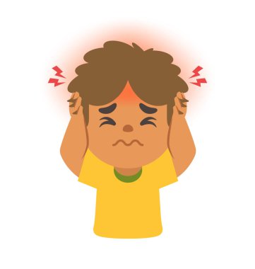 Siyah bir çocuğun başı ağrır. Beyaz arkaplanda resimli karakter vektör tasarımı. çocuk ve sağlık hizmeti kavramı.