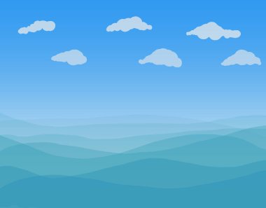 Açık yeşil deniz dalgaları. Su yüzeyinin üstünde beyaz bulutlar ve mavi gökyüzü. Duvar kağıdı tasarımı, arkaplan, soyut, çizgi film