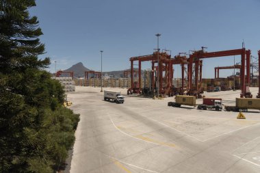 Cape Town, South Africa. 2023, Truck joining queue of lorries in the container terminal.