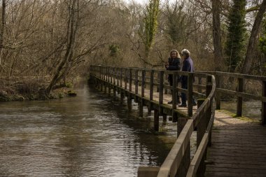 Nerede, Hampshire, İngiltere, İngiltere. 2023. İki kadın kışı nerede olursa olsun ünlü nehir testinde gezintiye çıkarlar. Alabalık avlamakla ünlüdür..