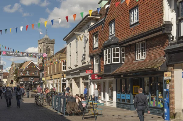 Stock image Salisbury, Wiltshire, England, UK. 2023. City centre of Salisbury and the tower of St Thomas church