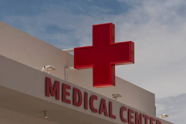 stock image Crete, Greece, EU. 2023. Red cross on display outside a medical centre in Crete, Greece.