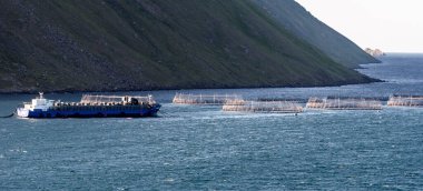 Portree, Skye Adası, İskoçya, İngiltere. 5 Haziran 2023. Portree, İskoçya açıklarında bir balık çiftliğinde hazır bulunan bir gemi..