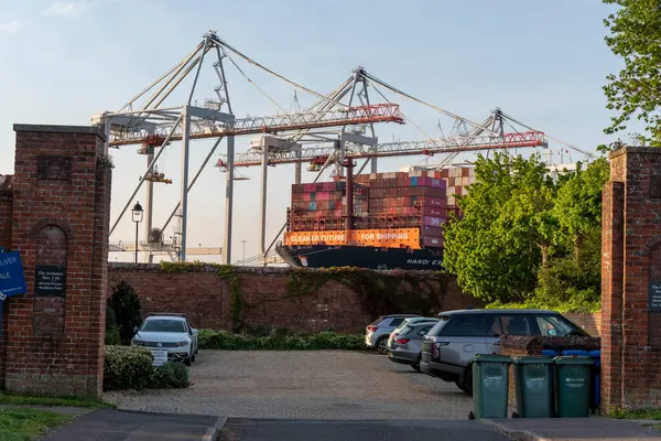 İngiltere Southampton 'da. 28.04.2025. Konteynır gemisi ve rıhtım vinçleri, Southampton 'daki konteynır gemileri için DP World terminalinin yanında. Evlerin avlusundan görüldü.