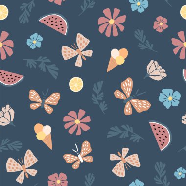 Kelebeklerin, dondurmaların, karpuzların, çiçeklerin ve yaprakların şirin yaz çizimi. Kumaşlar, duvar kağıtları, ambalaj kağıtları için pürüzsüz vektör deseni.