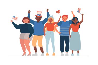 Farklı insanlar Bağımsızlık Günü 'nü kutluyor. Bayraklarla geçit töreni. Düz modern vektör illüstrasyonu.