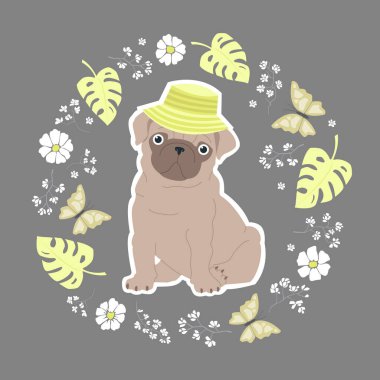 Panama şapkalı bir köpek kokteyl içiyor. Canavar yapraklı, çiçekli ve kelebekli şirin bir iz. Çocuklar için vektör illüstrasyonu.