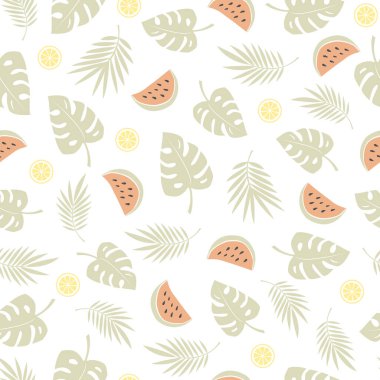 Yazın, palmiye yapraklarından, canavarlardan, karpuzlardan, limonlardan oluşan kusursuz vektör deseni. Kumaş, duvar kağıdı, ambalaj kağıdı için..