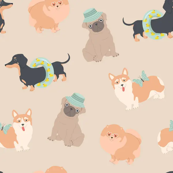 Seamless pattern with dogs. Summer funny illustration for kids. Dachshund, pomeranian, pug and corgi on summer vacation. For fabric, wallpaper, wrapping paper