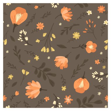 Çiçeklerin ve yaprakların kusursuz deseni. Moda kumaşlar, duvar kağıtları, ambalaj kağıtları, çarşaflar için basit modern illüstrasyon.