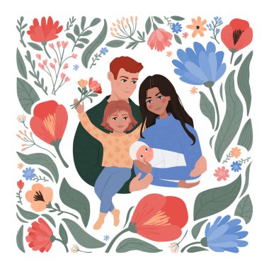 Aile kucaklaşması. Baba, anne, kız ve yeni doğan bebek. Çiçekler ve yapraklarla sıcak, modern çizimler..