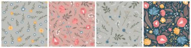 Çiçek ve yapraklardan oluşan bir desen dizisi. Moda kumaşlar, duvar kağıtları, ambalaj kağıtları, gri-pembe renkli ketenler için basit modern illüstrasyon.