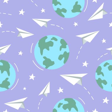 Dünya gezegenlerinin ve kağıt uçakların kusursuz deseni. Basit vektör illüstrasyonu.