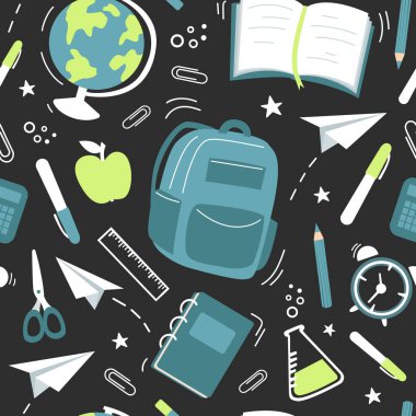 Okul unsurlarının kusursuz deseni - dünya, ataç, sırt çantası, kağıt uçaklar, kalemler, kitaplar, defterler. Bebek vektör illüstrasyonu.