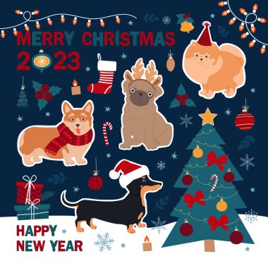 Mutlu Noeller ve mutlu yıllar 2023. İçinde köpek ve Noel elementleri olan bir sürü çıkartma. Modern düz resimleme.