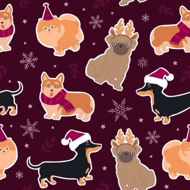 Şirin köpek pug, corgi, pomeranian, dachshund ve noel elementlerinin kusursuz deseni. Modern düz resimleme.