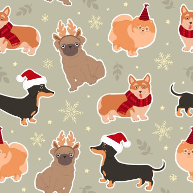 Sevimli köpeklerin ve Noel elementlerinin kusursuz deseni. Paket kağıdı için modern düz illüstrasyon.