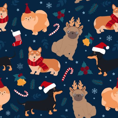 Şirin köpek pug, corgi, pomeranian, dachshund ve noel elementlerinin kusursuz deseni. Modern düz resimleme.