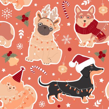 Pug, Dachshund, Corgi ve Pomeranya dilinde Noel öğeleri. Şirin, şenlikli, pürüzsüz köpekler. Moda renklerinde elle çizilmiş vektör illüstrasyonu.