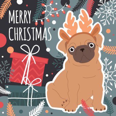 İçinde şirin bir köpek ve kış elementleri olan bir Noel kartı. Moda renklerinde vektör illüstrasyonu.