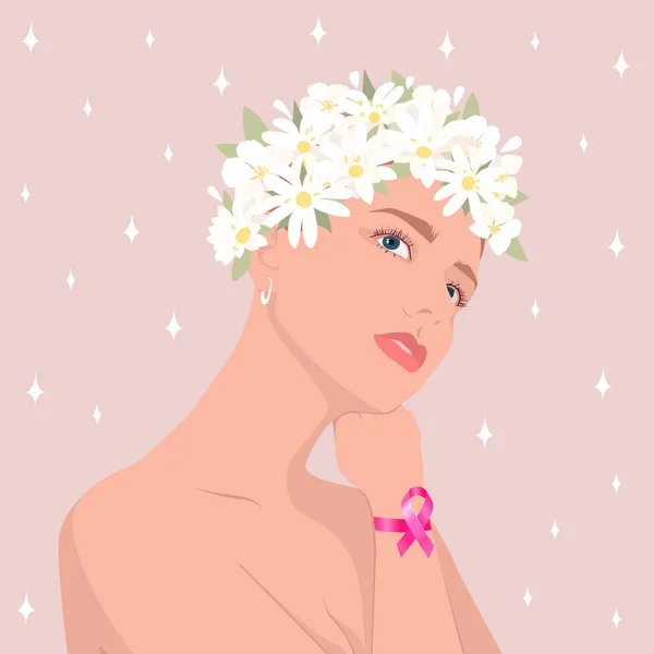 Beautiful woman in a wreath of flowers with a pink ribbon on her hand. Support for World Breast Cancer Awareness Month in October. Vector illustration.