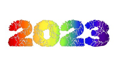 Çiçekler 2023 'ü gösteriyor. Beyaz arkaplanda izole edilmiş vektör gökkuşağı çizimi. LGBTQ topluluğuna destek.