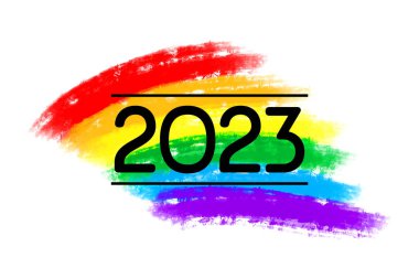 LGBT 2023 logosu. Elle çizilmiş suluboya gökkuşağı bayrağı ile vektör düz illüstrasyon.