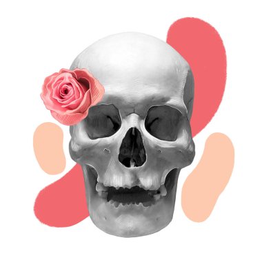 Bir kafatasının kolajı ve ölüm günü veya Cadılar Bayramı için sanat olarak biçimlendirilmiş bir gül..