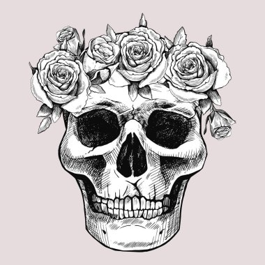 Çiçek çelenginde elle çizilmiş kafatası. Vektör grafik çizimi. Ölülerin Günü.