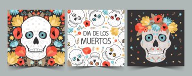 Ölüler günü için kare kartlar seti. Kafatası ve çiçekli renkli renkli bir illüstrasyon.