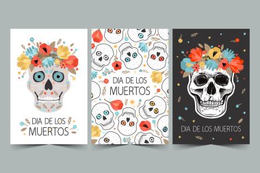 Day of the Dead. Set of cute posters. Skull in a wreath of flowers. Vector modern illustrations with lettering design.	