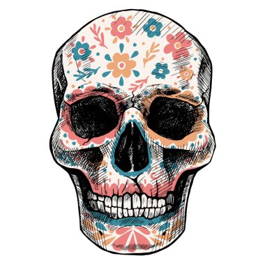 Çiçek boyalı insan kafatası. Ölüler Günü. Beyaz üzerine izole edilmiş güzel renkli illüstrasyon.