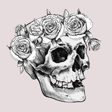 Çiçek çelenginde elle çizilmiş kafatası. Vektör grafik çizimi. Ölülerin Günü.