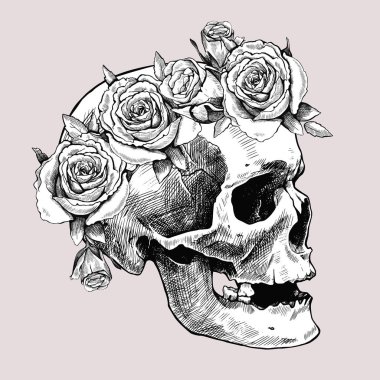 Çiçek çelenginde elle çizilmiş kafatası. Vektör grafik çizimi. Ölülerin Günü.