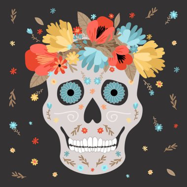 Ölüm Günü kartı. Çiçek çelenginde bir kafatası. Vektör modern resimleme.