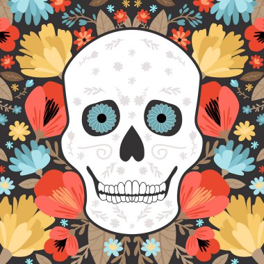 Çiçekli arka planda insan kafatası. Ölü kartpostalın atıldığı gün. Modern vektör düz resimleme.