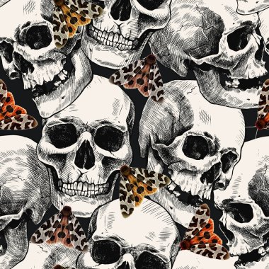 Seamless pattern of hand-drawn human skulls and the garden tiger moth or Arctia caja. Beautiful colorful illustration. clipart