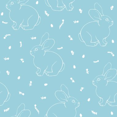 Çizilmiş tavşanların, yumurtaların ve çiçeklerin kusursuz vektör deseni. Basit mavi çizim çizimi. Kumaş, ambalaj kağıdı, yatak örtüsü, duvar kağıdı.