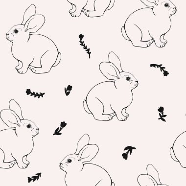 Çizilmiş tavşan ve çiçeklerin kusursuz vektör deseni. Basit monokrom çizimi. Kumaş, ambalaj kağıdı, yatak örtüsü, duvar kağıdı.