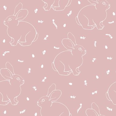 Çizilmiş tavşanların, yumurtaların ve çiçeklerin kusursuz vektör deseni. Basit pembe taslak çizimi. Kumaş, ambalaj kağıdı, yatak örtüsü, duvar kağıdı.