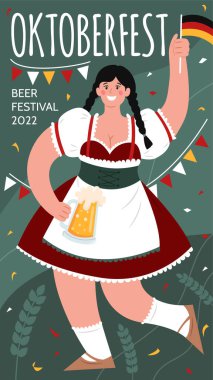 Oktoberfest dikey uzun afiş. Bira Festivali. Ulusal Alman kostümü giymiş bir kadın elinde bir kupa bira ve Alman bayrağı tutuyor. Vektör düz resimleme.
